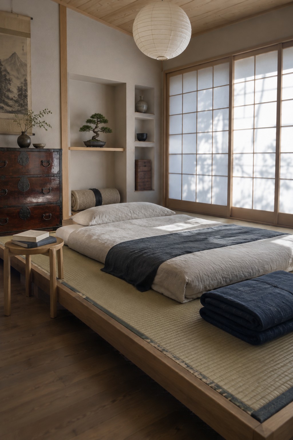A minimalist Japanese bedroom featuring a low wooden platform bed on tatami mats, a dark ornate tansu chest, built-in shelves with a bonsai, and shoji screens along the right wall.