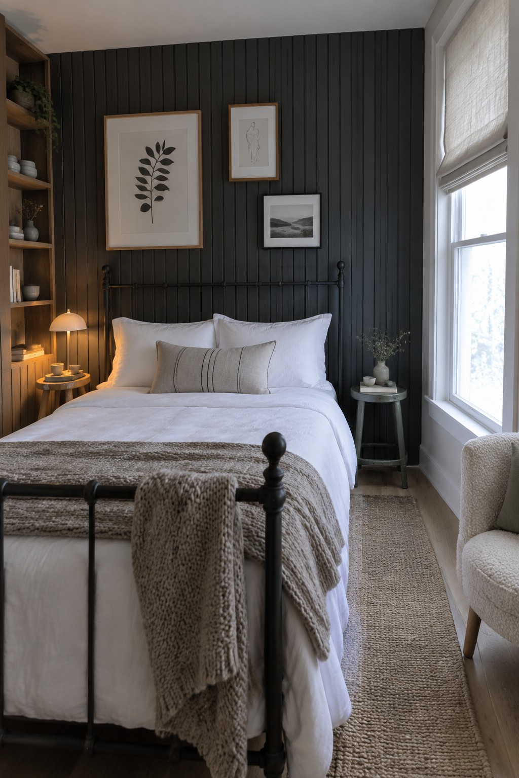 A bedroom featuring a black metal bed frame with white bedding, a dark vertical paneled wall, wooden built-in shelves on the left, and two small wooden side tables.