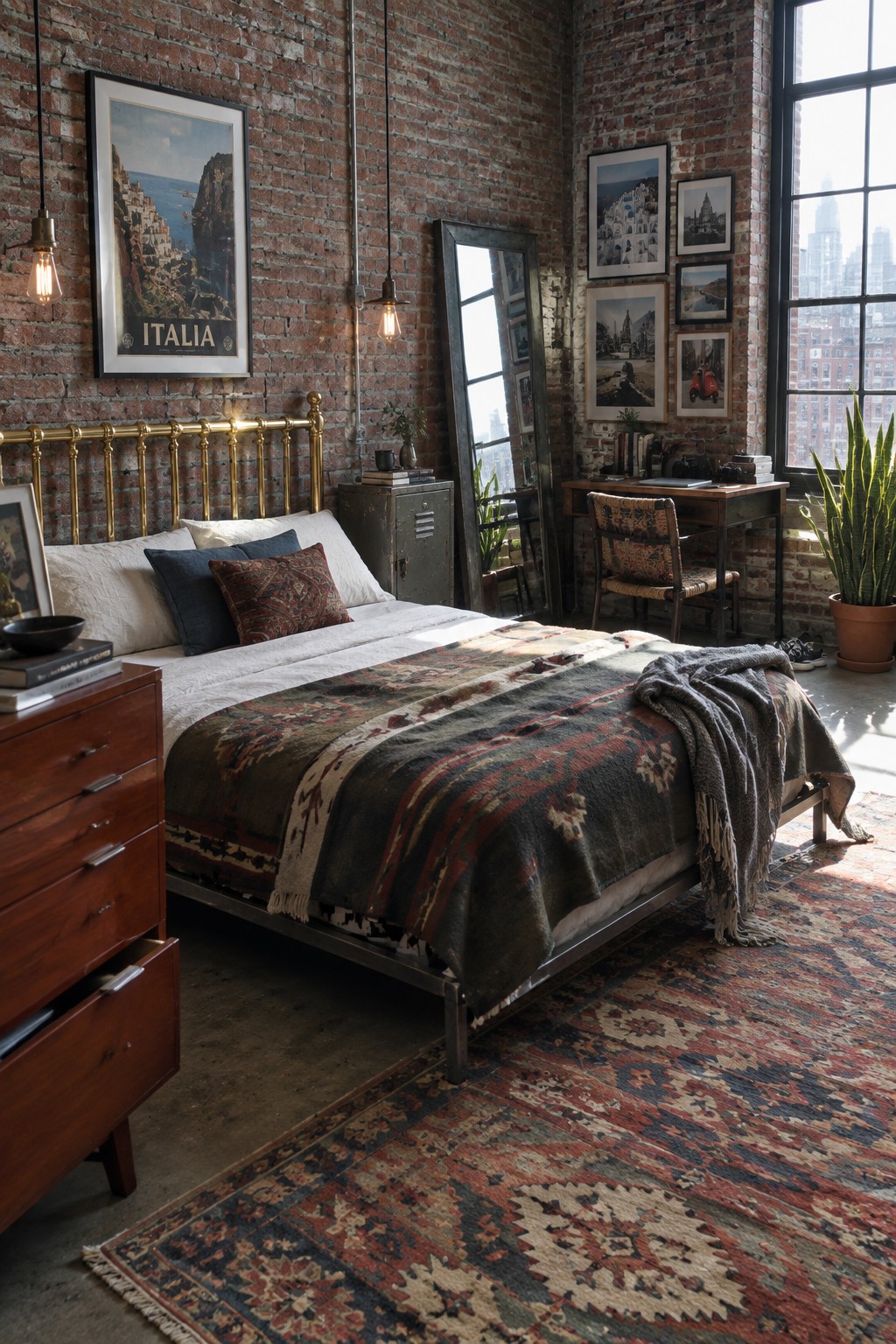 A bedroom interior with exposed brick walls shows a brass bed frame, wooden dresser, metal cabinet, patterned rug, and gallery wall near a large window.