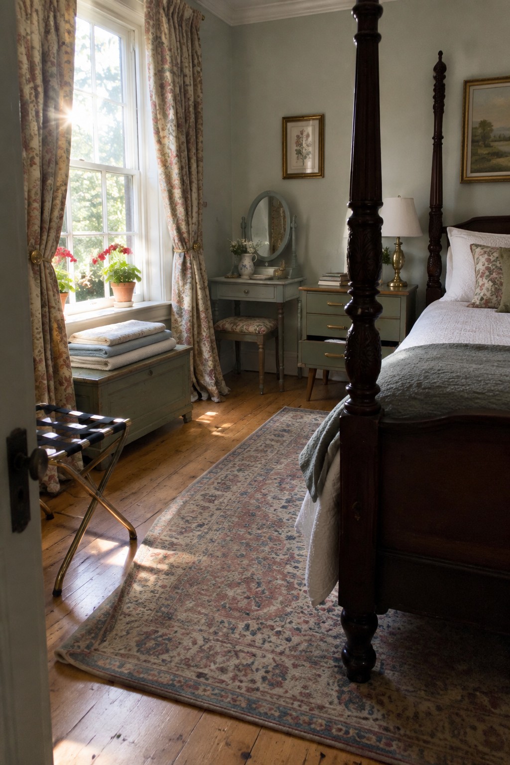 Sunlit bedroom with four-poster bed, floral curtains, vanity mirror, and patterned rug