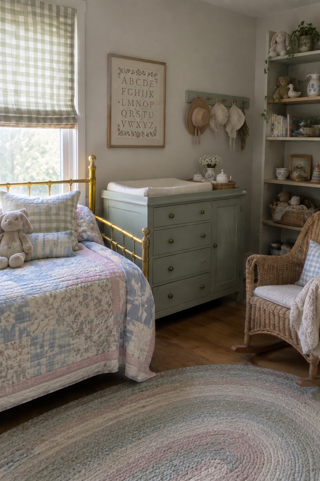 Cozy pastel nursery with brass bed, floral quilt, sage dresser, wicker rocker, and striped rug