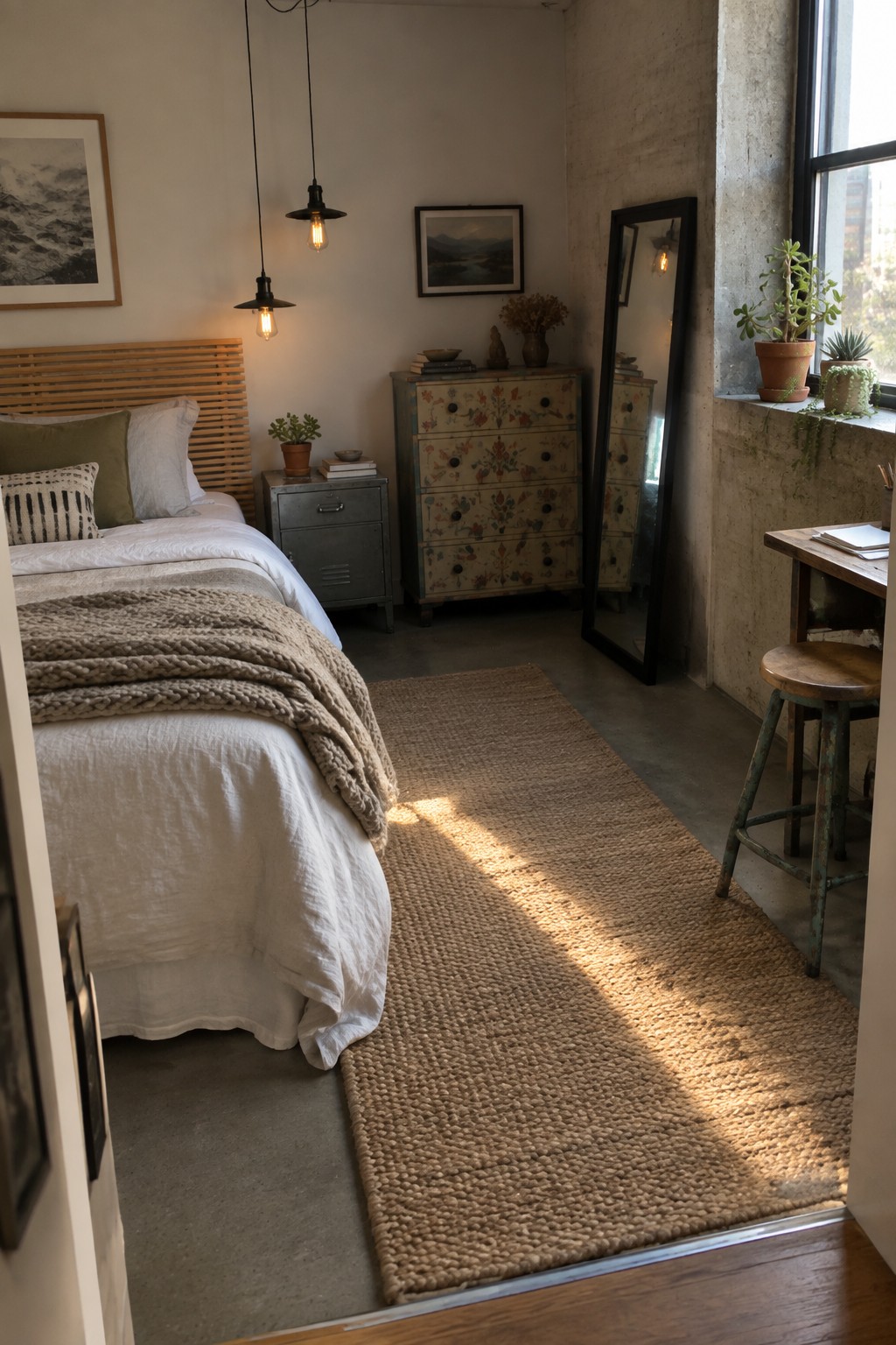 A bedroom interior showing a bed with white linens, a metal nightstand, a painted floral dresser, a tall mirror, and a wooden desk with stool near a large window.