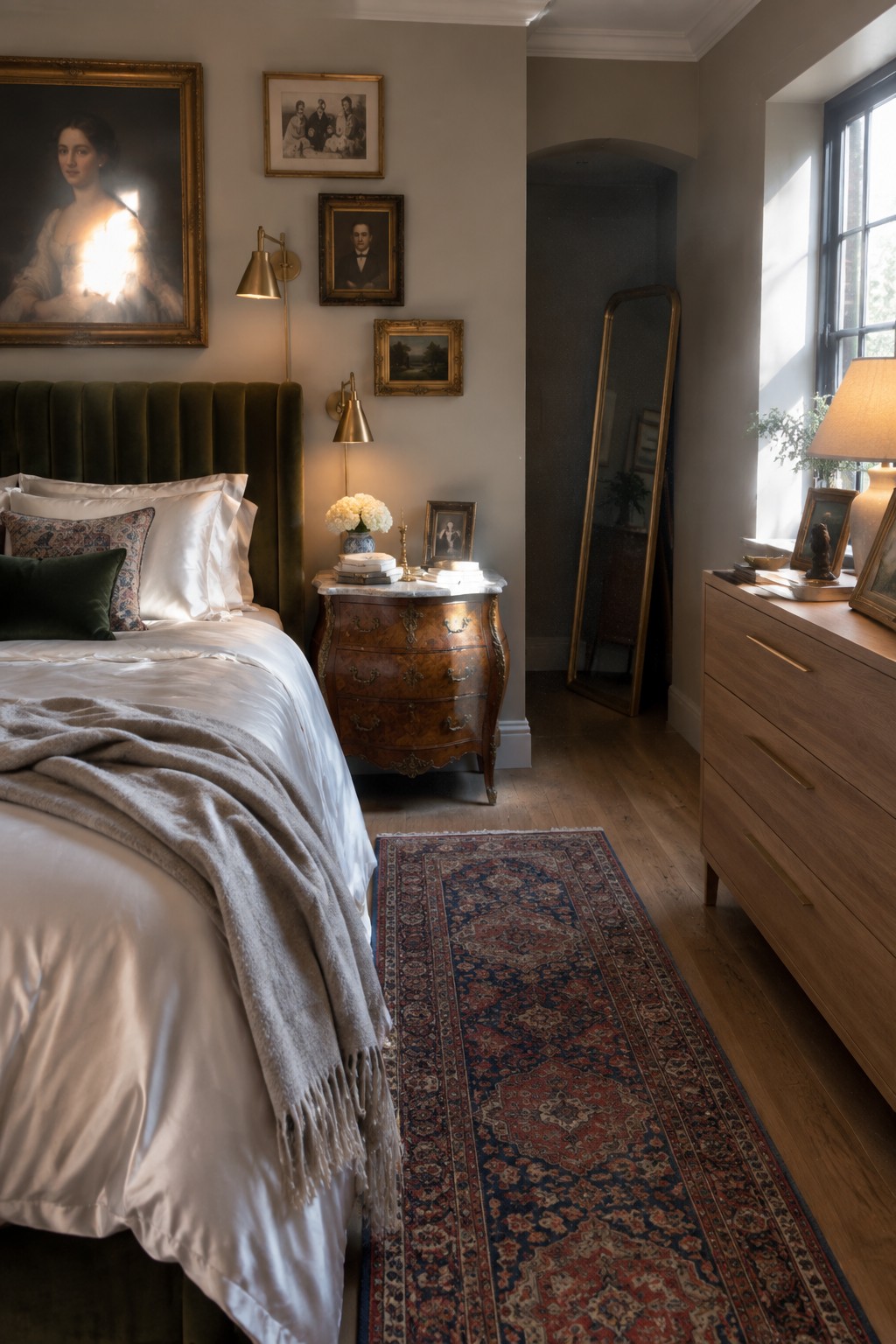 Elegant bedroom with green velvet headboard, white linens, antique nightstand, and Persian rug