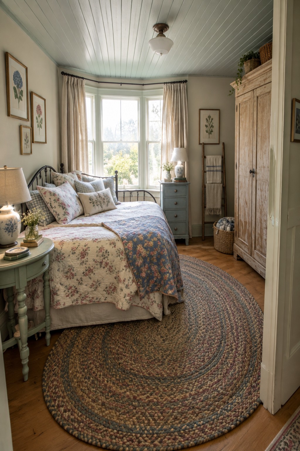 Cozy bedroom with floral quilt, braided rug, bay window, and vintage armoire