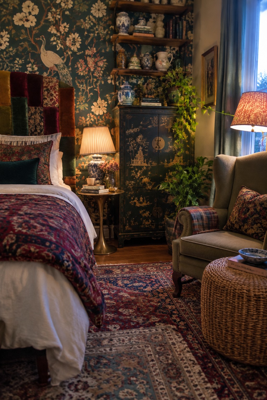 A bedroom with a multicolored patchwork velvet headboard, floral wallpaper, a blue chinoiserie cabinet, an upholstered armchair with a plaid throw, and layered patterned rugs.