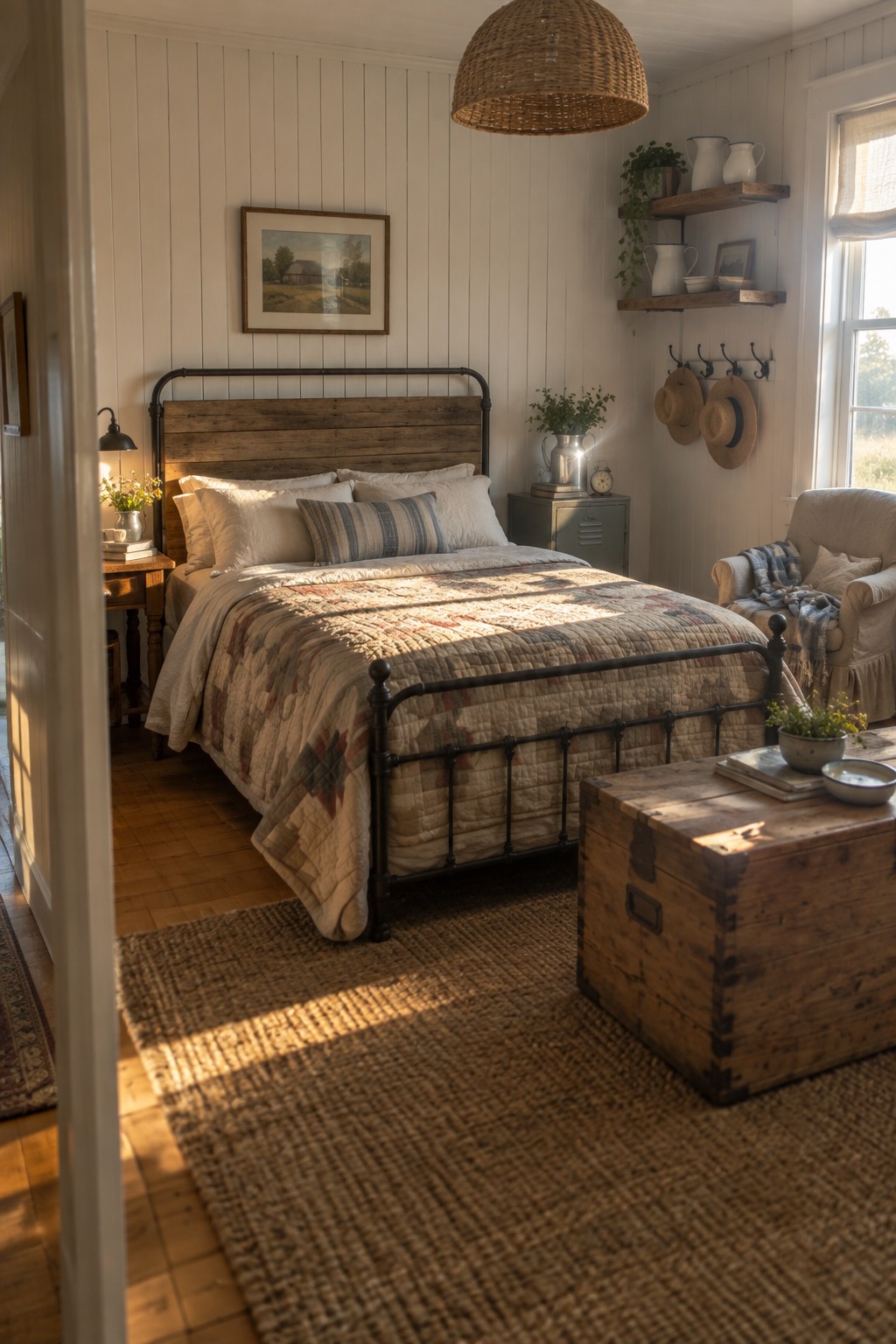 A bedroom featuring a bed with a wooden headboard and black metal frame, layered bedding, a wooden trunk at the foot, and natural light from a window.