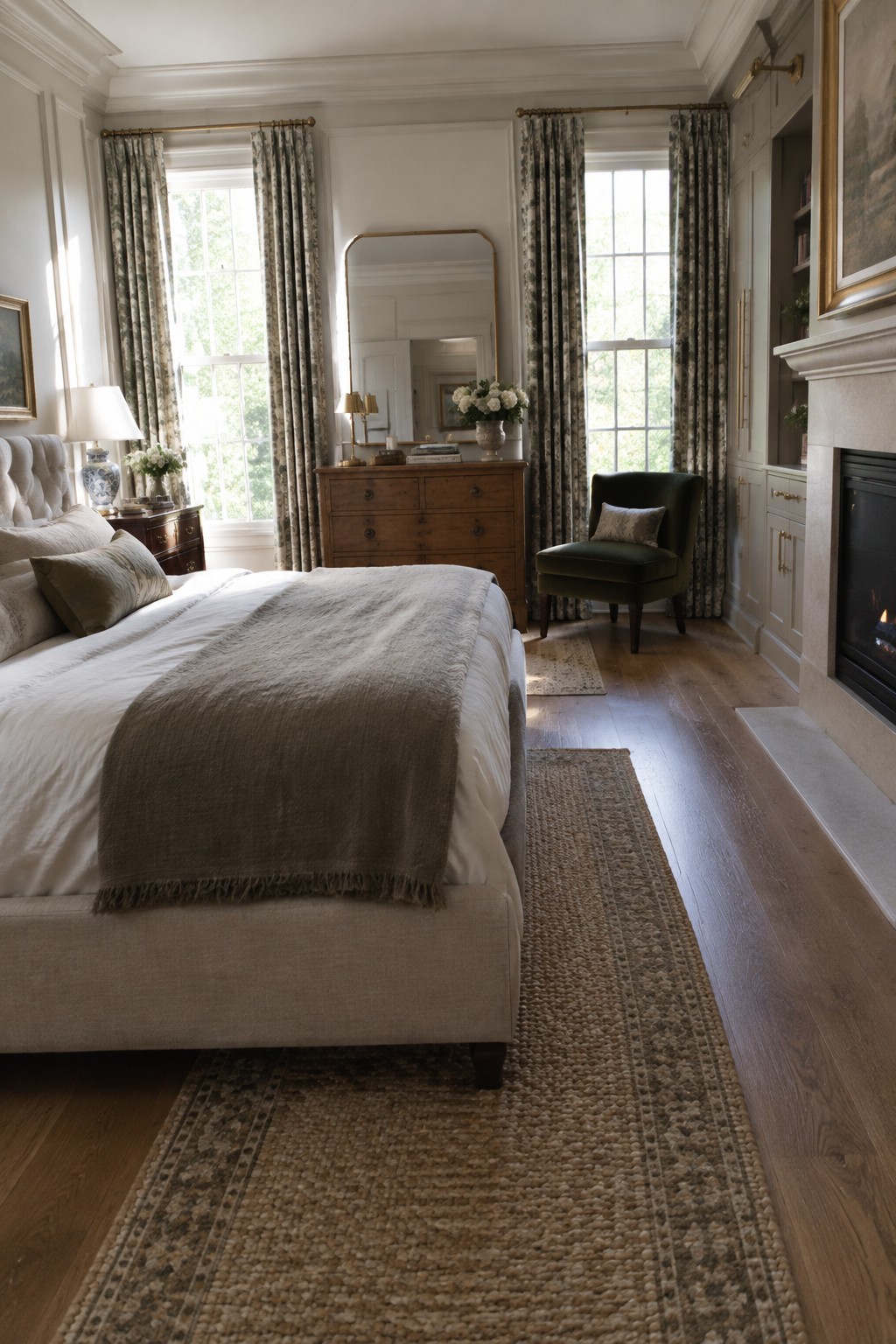 A bright bedroom featuring a large upholstered bed with a gray throw, a wooden dresser, a green velvet chair, and built-in cabinetry next to a fireplace.