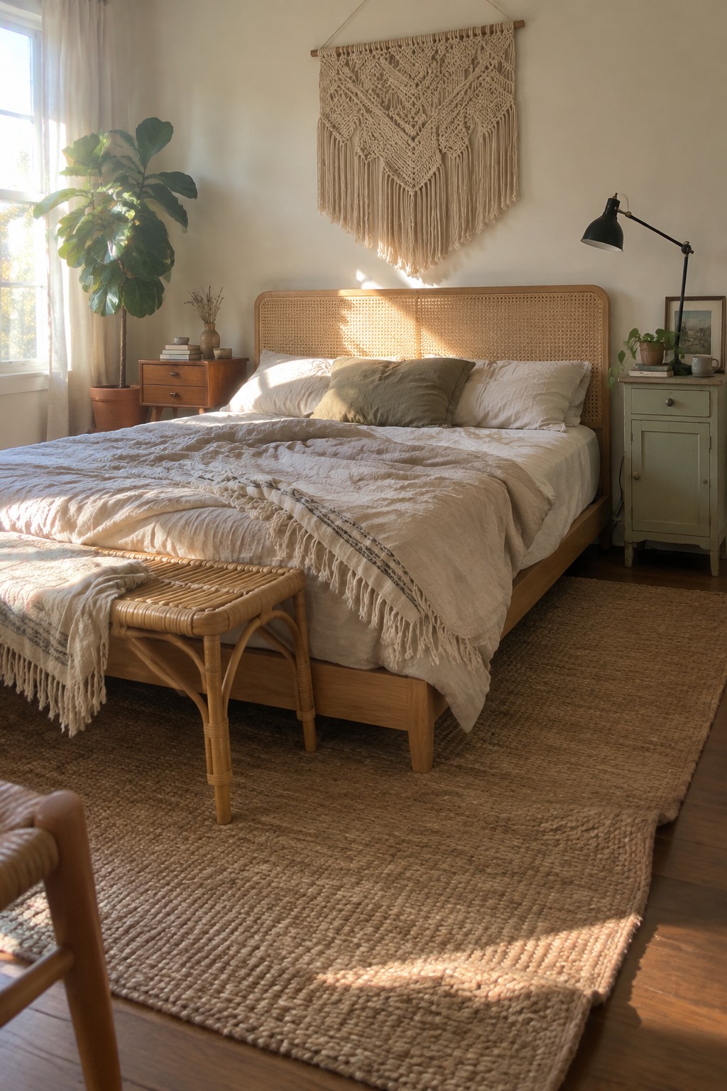Sunlit bohemian bedroom with cane headboard bed, macrame hanging, jute rug, and plants