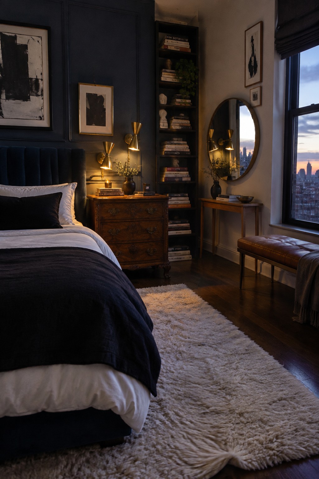 A bedroom with a dark blue wall, wooden dresser, tall bookshelf filled with books, round mirror, and white fluffy rug on dark wood flooring.