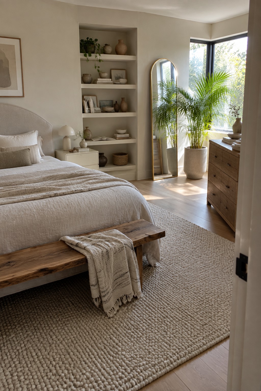 Neutral bedroom with bed, built-in shelves, arched mirror, potted plants, and woven rug