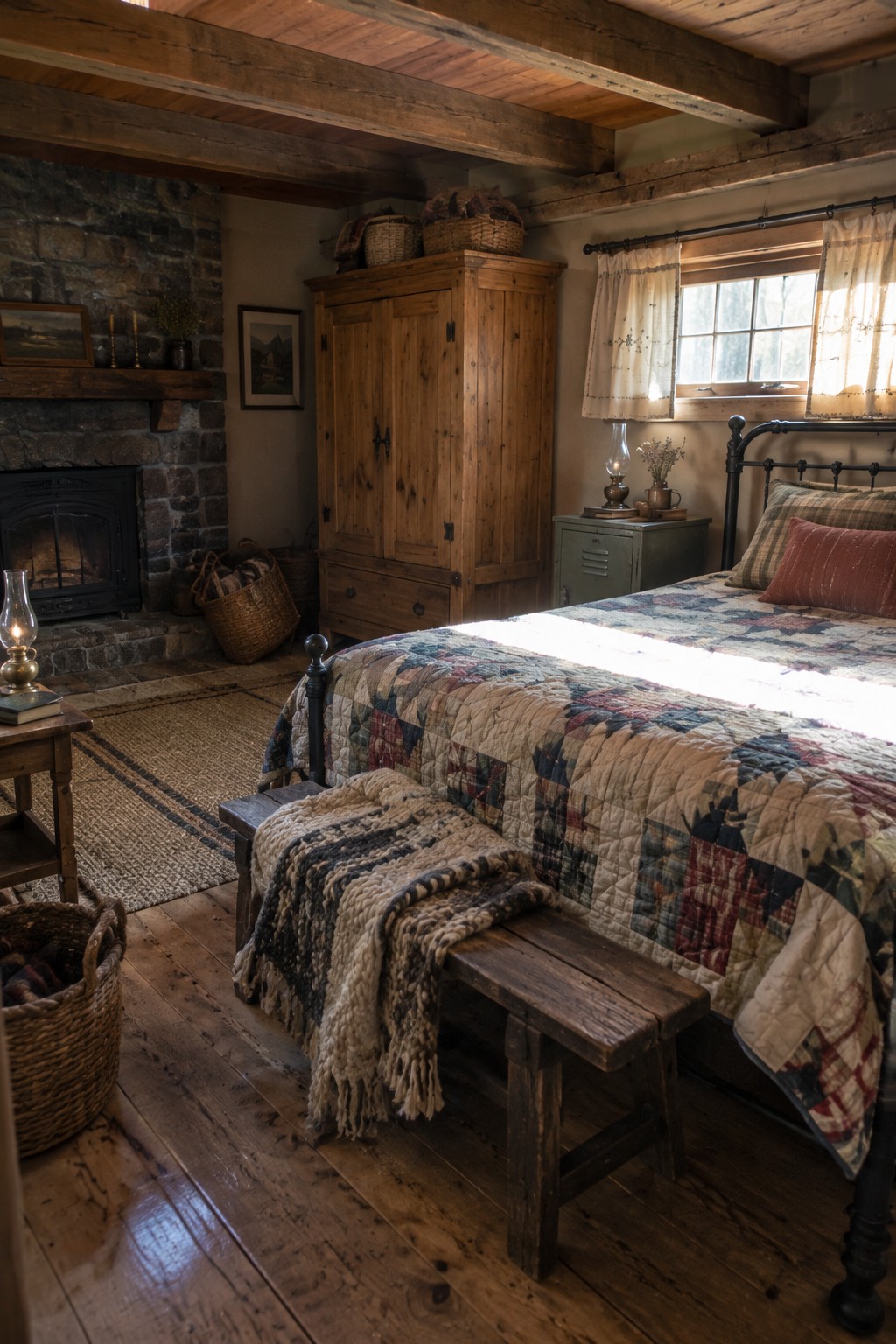 A rustic bedroom with a bed covered in a patchwork quilt, a tall wooden wardrobe, a dark wooden bench, and a stone fireplace on the left wall.