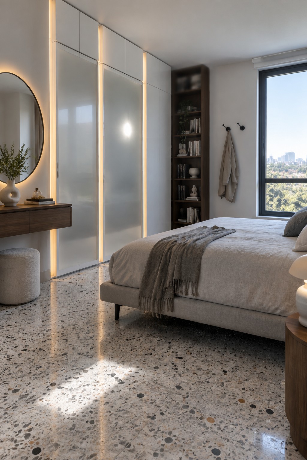 Modern bedroom with bed, backlit wardrobes, round mirror, terrazzo floor, and city view.