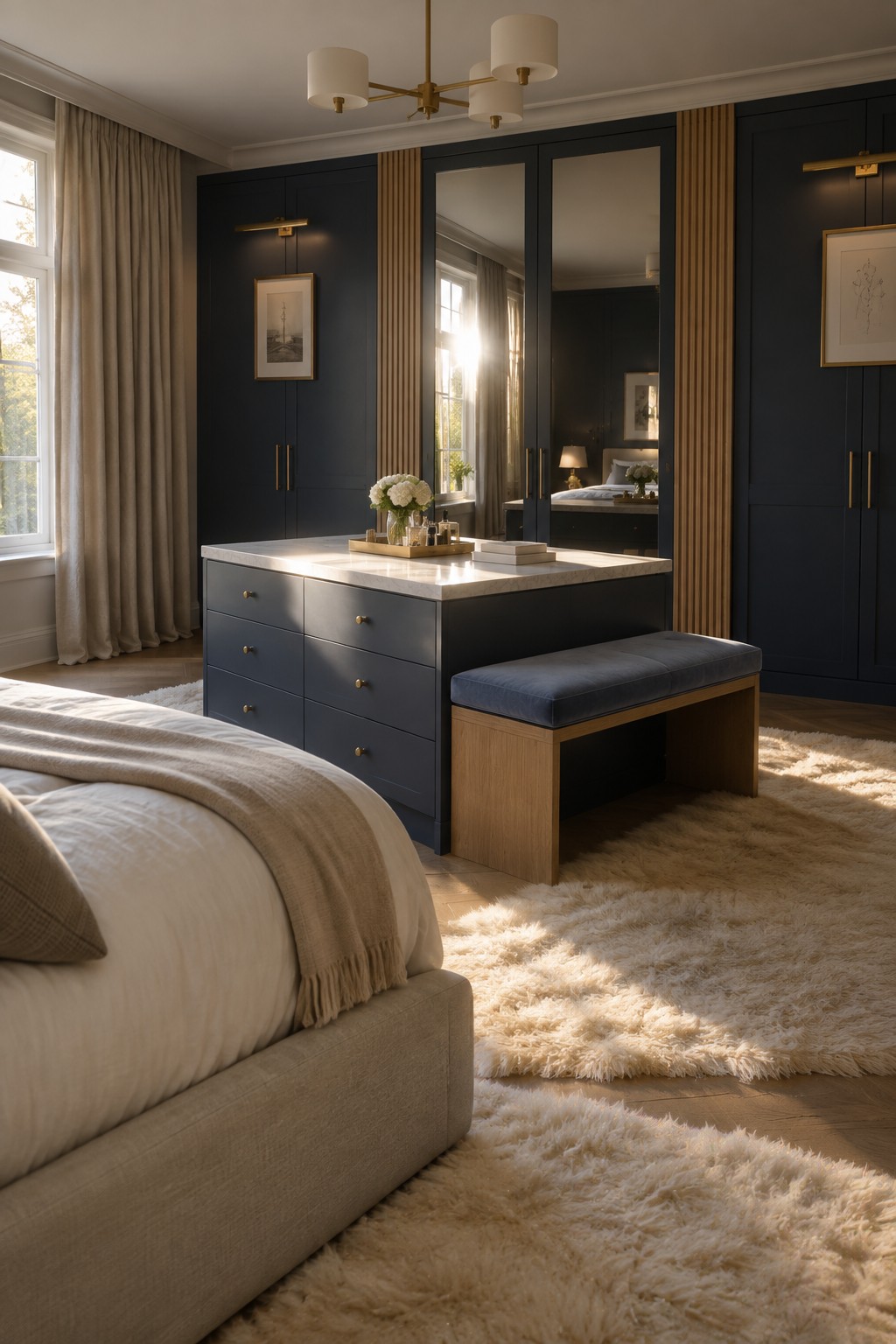 A bedroom with dark blue built-in wardrobes that include two full-height mirrored doors, a central marble-top vanity island, and a blue upholstered bench on a large beige rug.