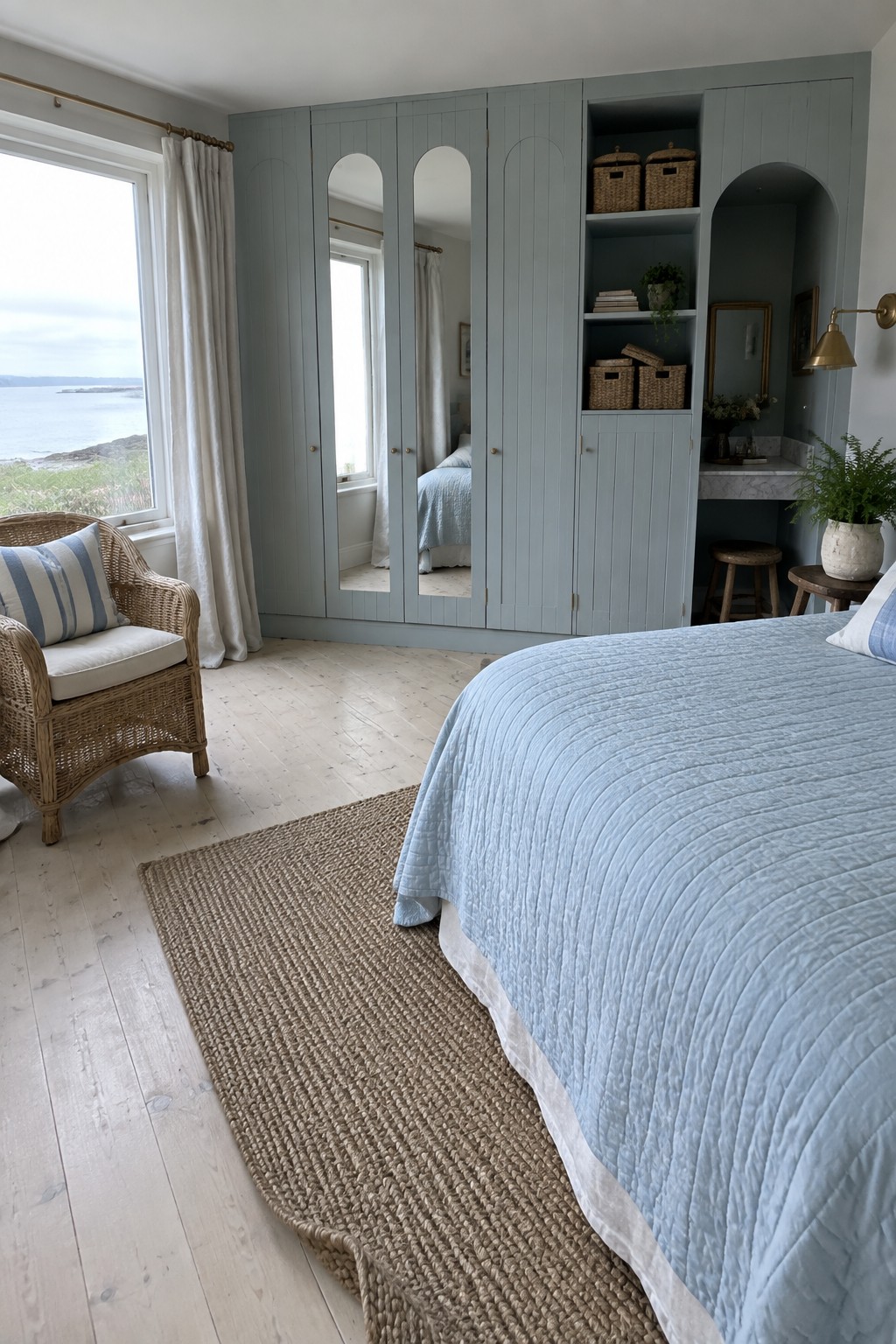 A bedroom with a large built-in wardrobe in soft blue-gray featuring arched mirror doors, open shelving with baskets, and a bed with light blue bedding in the foreground.