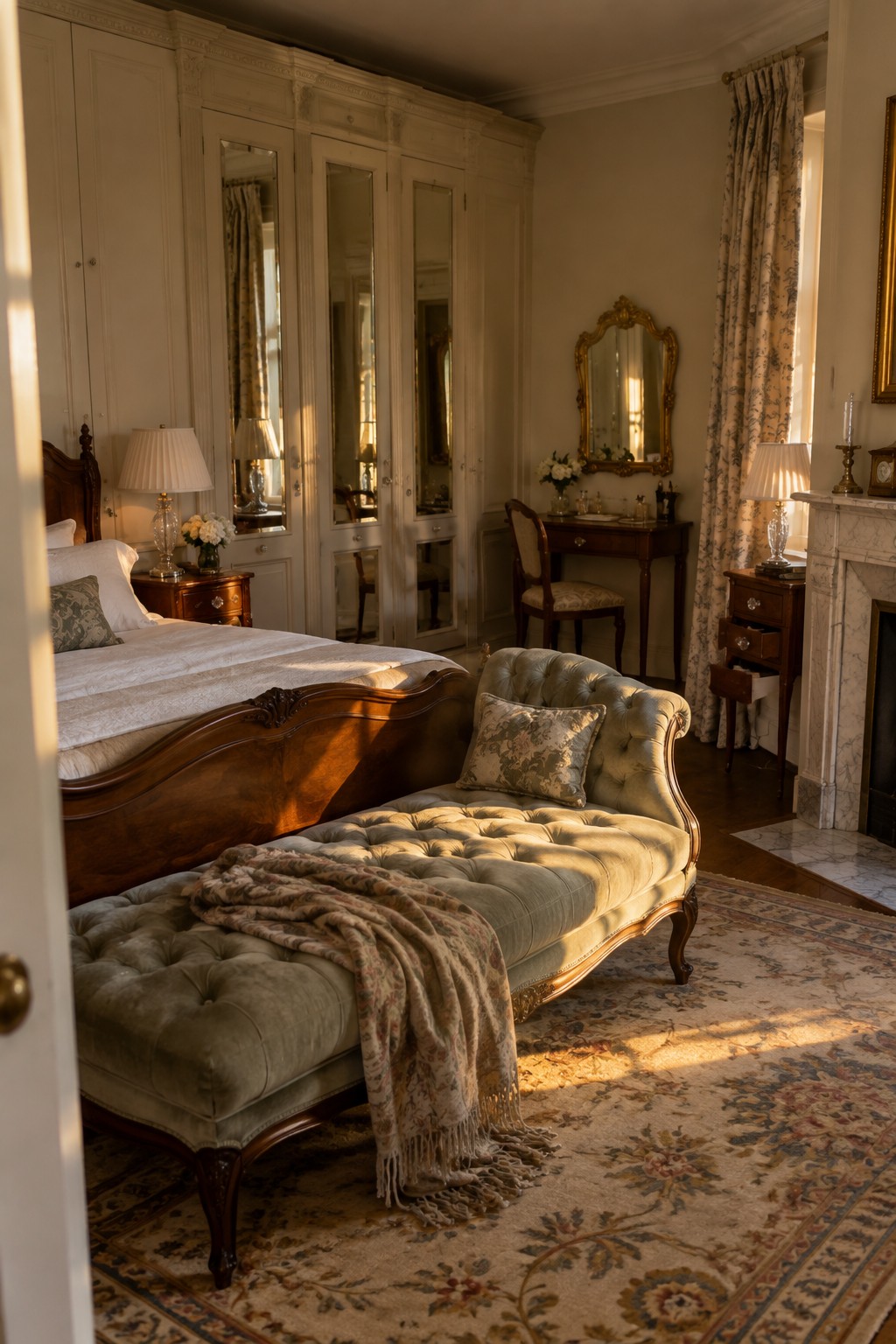 Elegant bedroom with tufted chaise lounge, wooden bed, floral rug, and sunlit fireplace.
