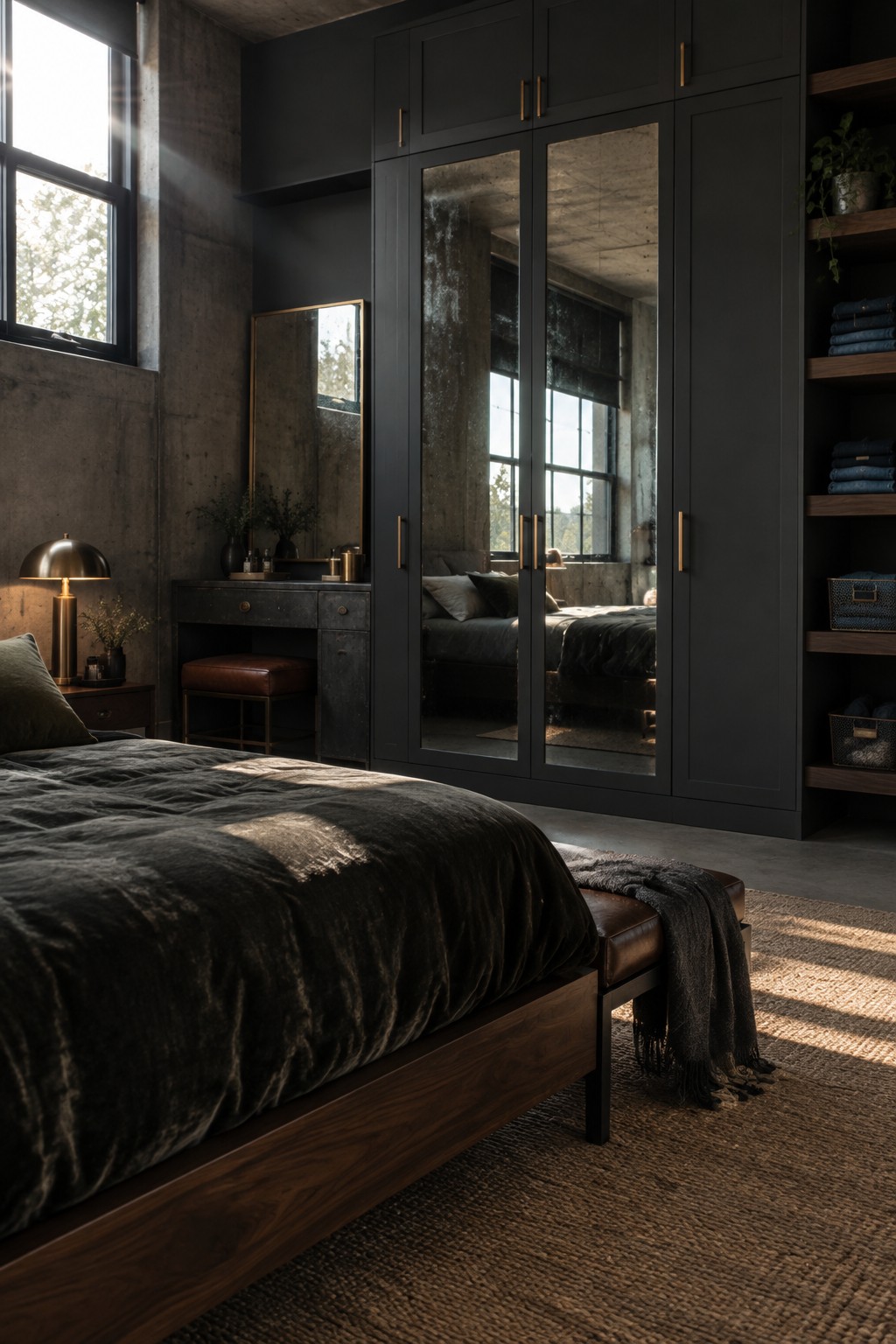 A bedroom with concrete walls showing a tall dark wardrobe with three mirrored doors reflecting a bed and window, next to a bed with dark bedding and a wooden frame.