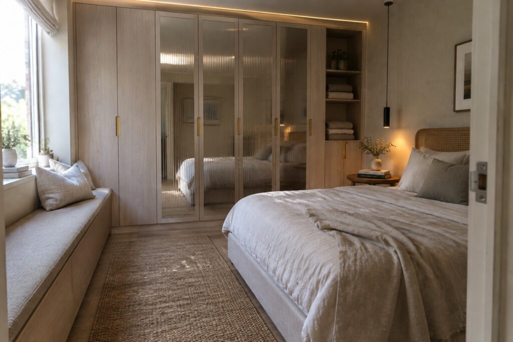 18 Bedroom Wardrobe Design Ideas Featuring Integrated Mirrors A bedroom interior showing tall built-in light wood wardrobes with vertical fluted glass doors, a woven headboard bed on the right, and a window seat on the left.