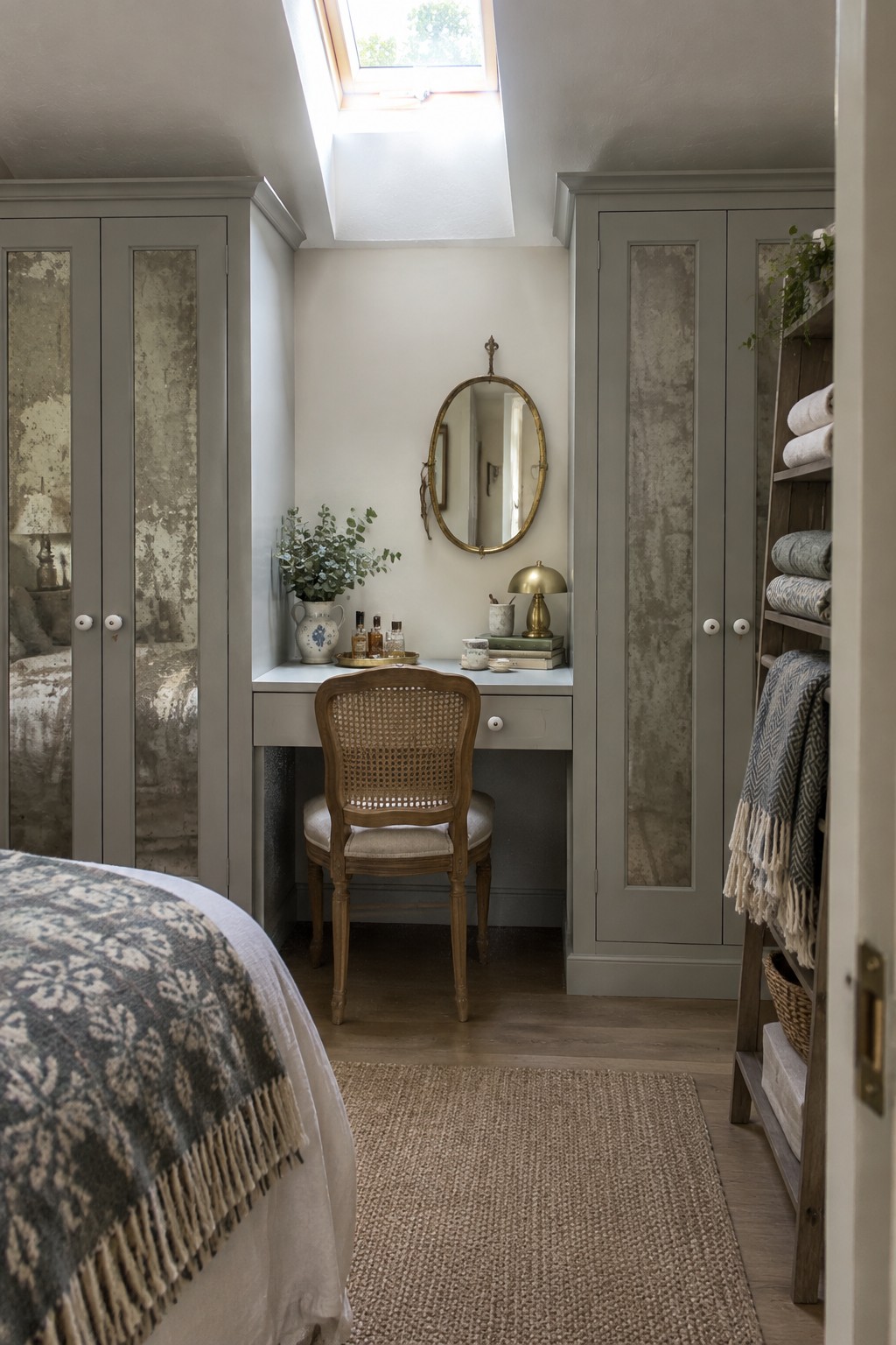 A narrow bedroom with gray built-in wardrobes that have distressed mirror panels on the doors, a central vanity desk, and a skylight above.