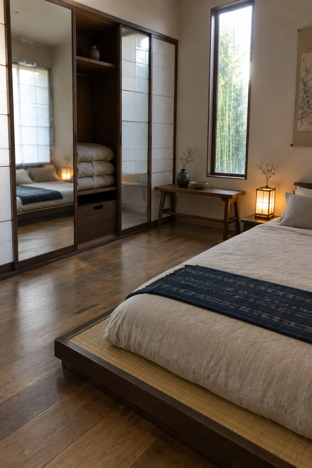 A minimalist bedroom with a large dark wood wardrobe featuring sliding doors, some with mirrors reflecting the room, next to a low platform bed on tatami.