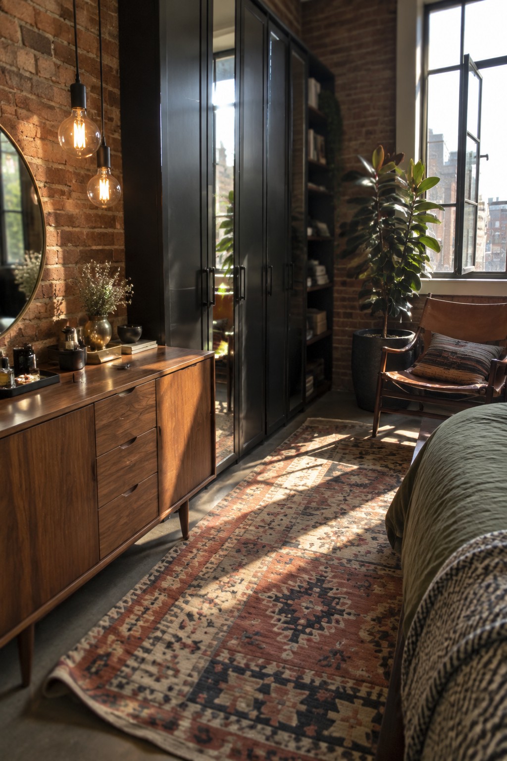 A bedroom interior showing a tall black wardrobe with mirrored doors, a wooden dresser, exposed brick wall, and a patterned rug on the floor.