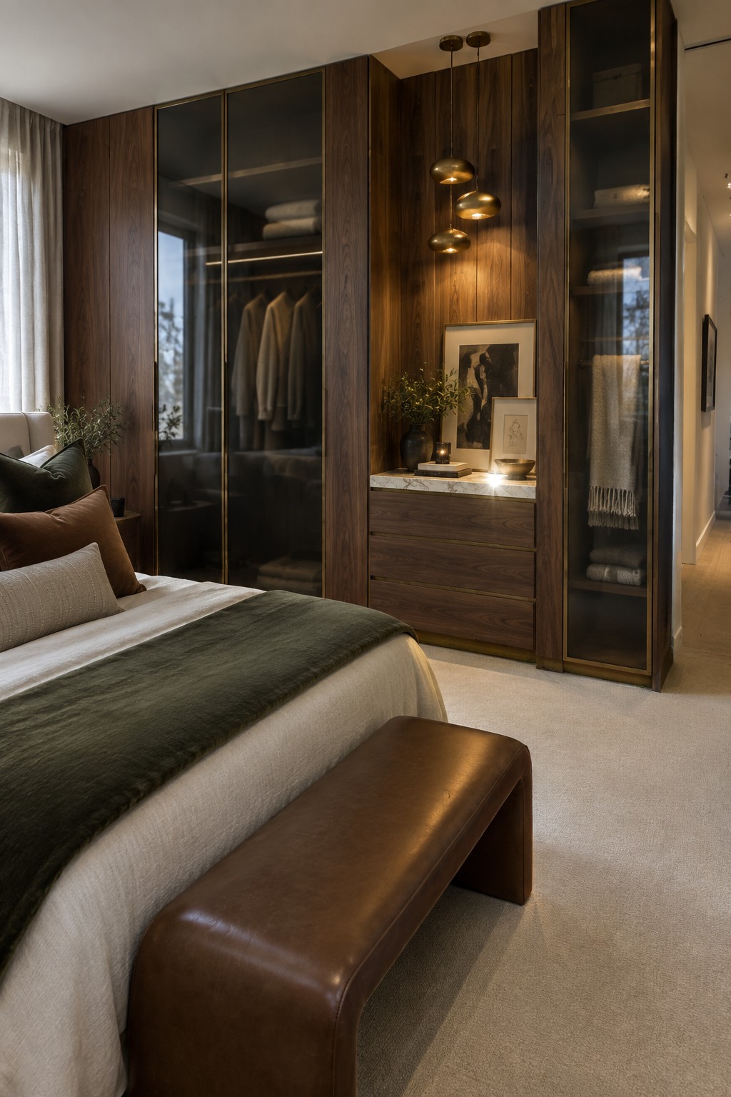 Modern bedroom with dark wood wardrobes, glass doors showing clothes, leather bench, and marble vanity.