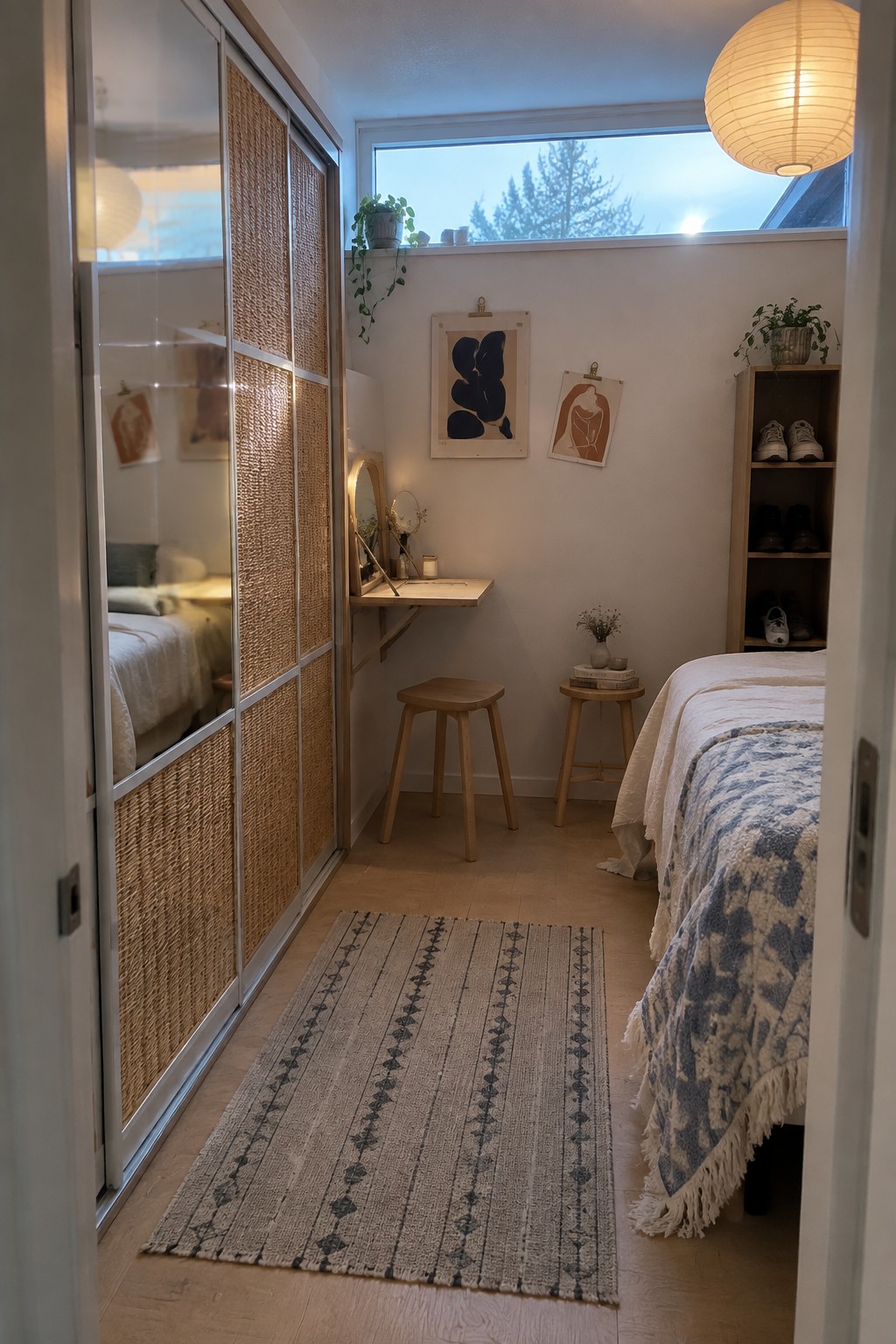 A narrow bedroom showing a sliding wardrobe with woven rattan panels and integrated mirrors, a wall-mounted desk with stool, a bed with a blue patterned throw, and a window above.