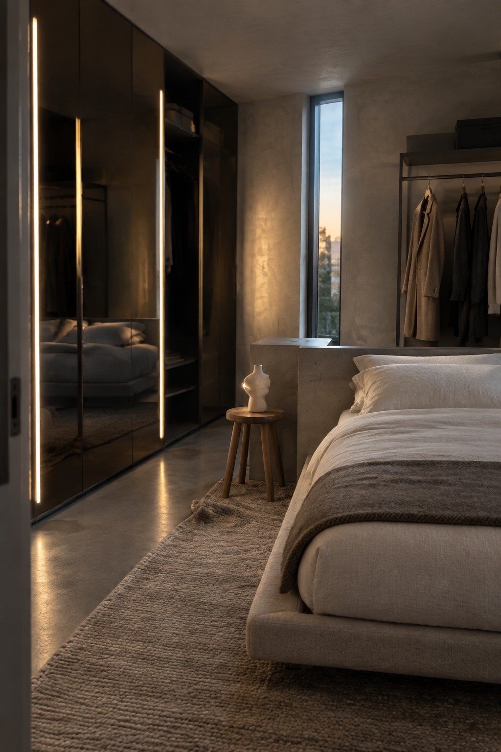 A modern bedroom with a tall dark mirrored wardrobe featuring vertical integrated lights beside a bed with neutral linens and a small wooden stool holding a white sculpture.