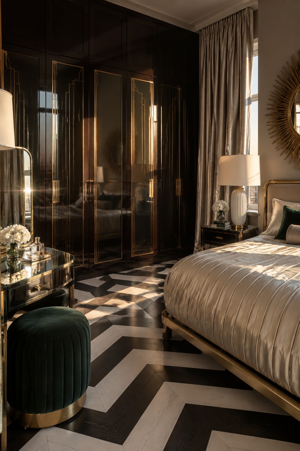 A bedroom interior showing a tall black wardrobe with gold-framed mirror panels on the doors, positioned beside a bed with light bedding and a dark green ottoman in front of a vanity.