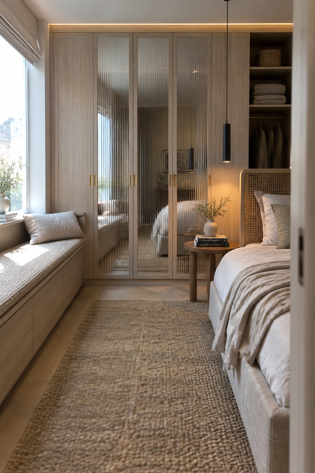 A bedroom interior showing tall built-in light wood wardrobes with vertical fluted glass doors, a woven headboard bed on the right, and a window seat on the left.