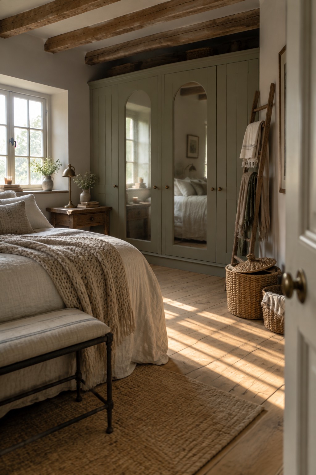 A bedroom featuring a tall sage green wardrobe with two arched mirrors set into the central doors, positioned beside a bed with white bedding and a window to the left.