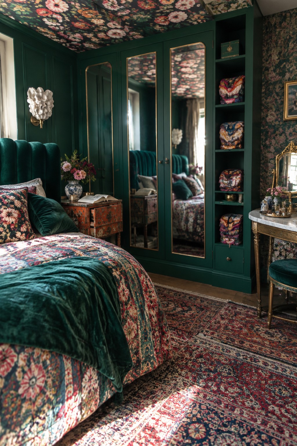 A bedroom with a large dark green wardrobe featuring three full-length gold-trimmed mirrored doors, positioned beside a bed with floral bedding and a patterned rug on the floor.