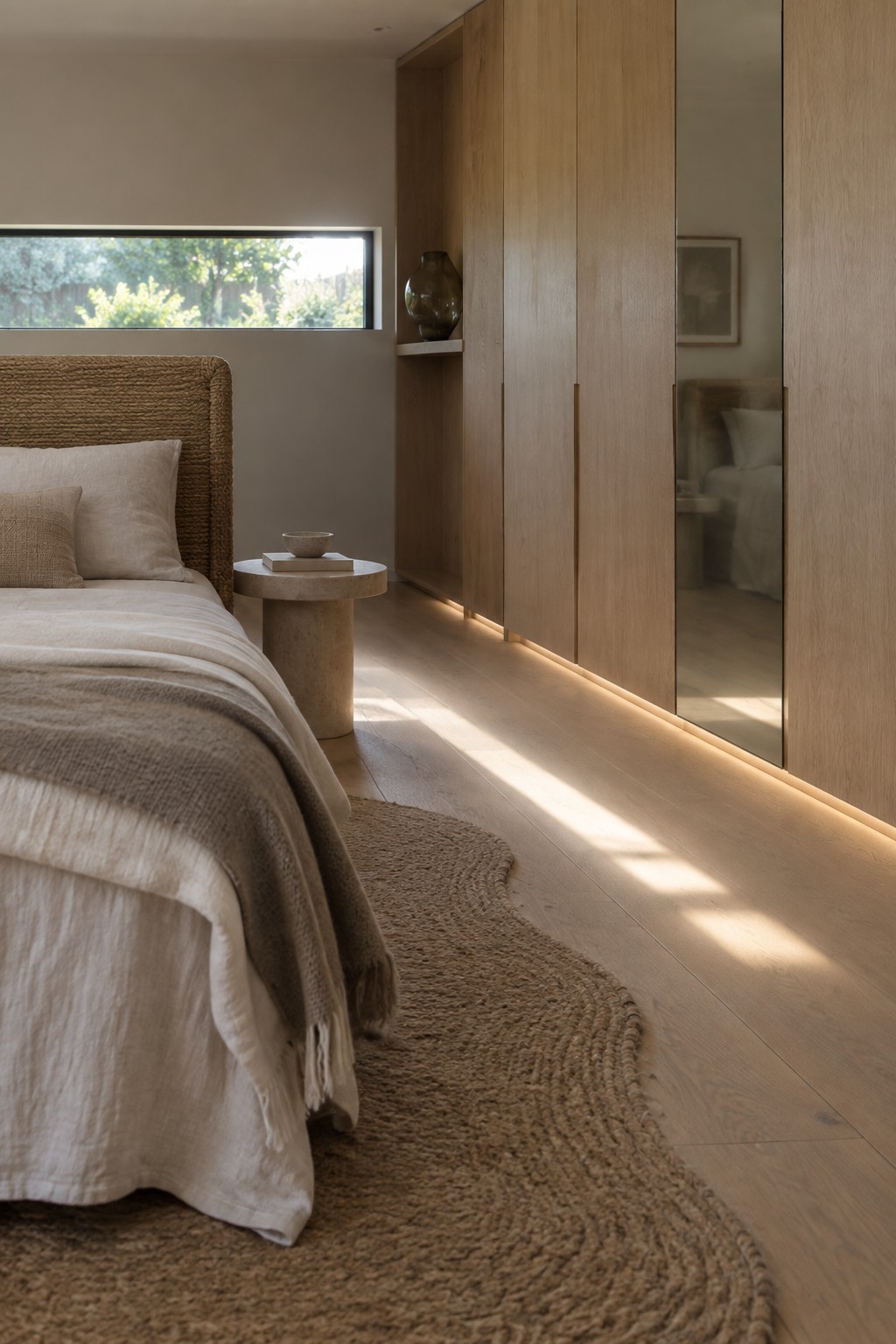 A bedroom interior showing a light oak wardrobe with full-length mirrors integrated into two of the doors, positioned beside a bed with neutral linen and a small stone side table.