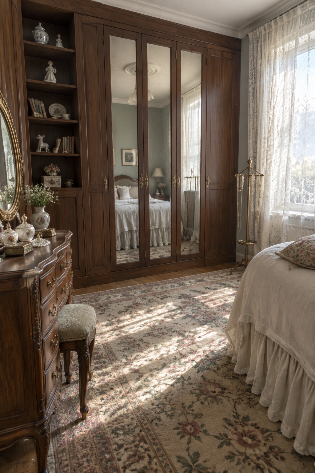 A bedroom featuring a large dark wood wardrobe with three central mirrored doors, a wooden vanity with stool on the left, and a bed with white linens on the right, with sunlight streaming across a floral rug.