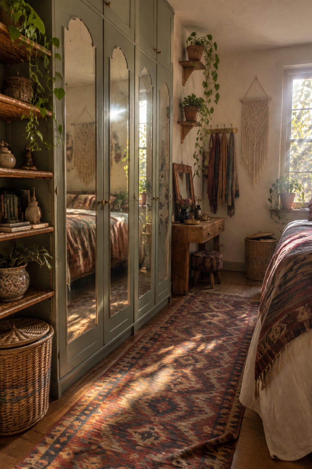 A bedroom interior showing a tall green wardrobe with arched mirror doors, a wooden desk, a patterned runner rug, and a bed with textiles.