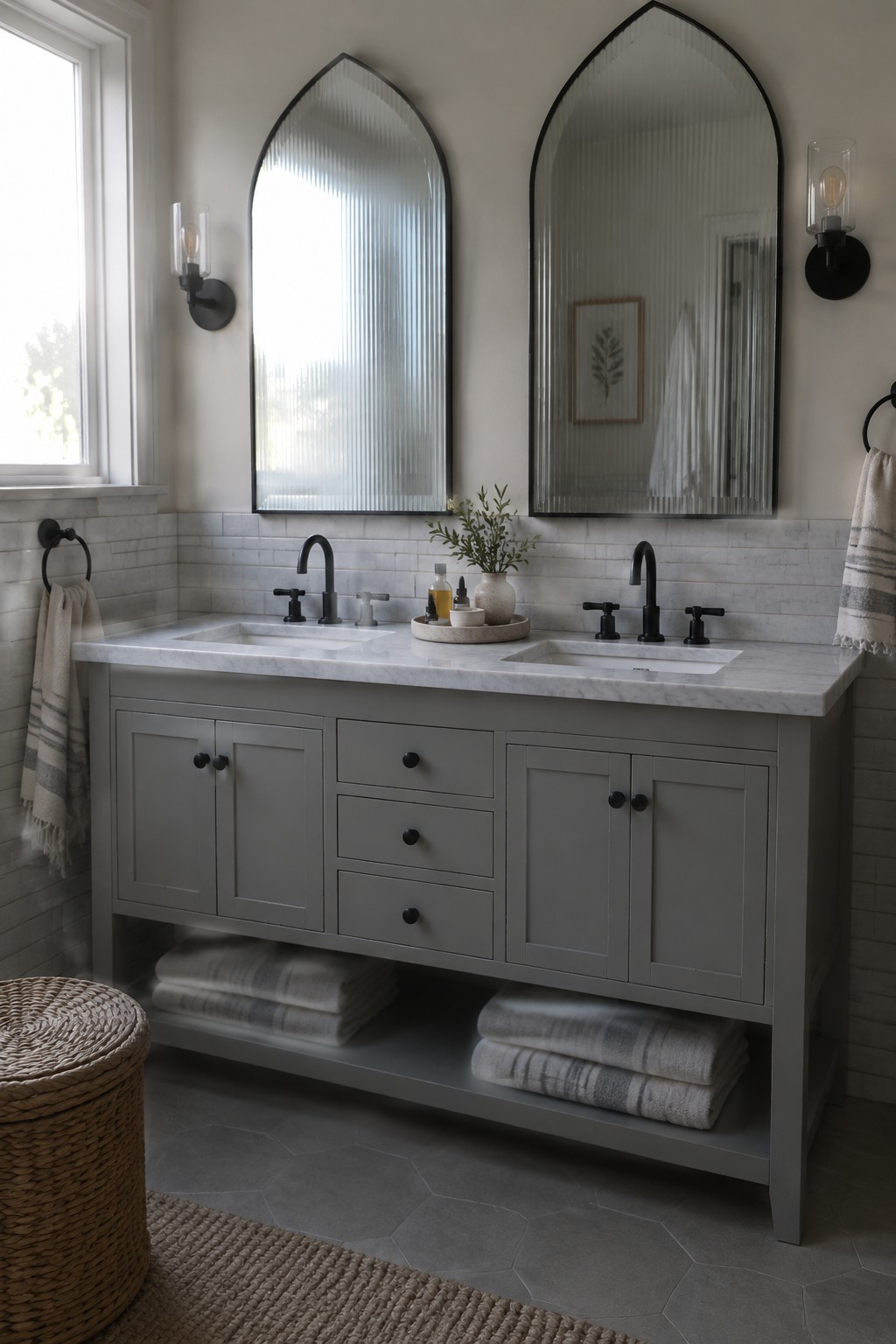Gray double vanity with marble top, black faucets, arched mirrors, and open towel shelves
