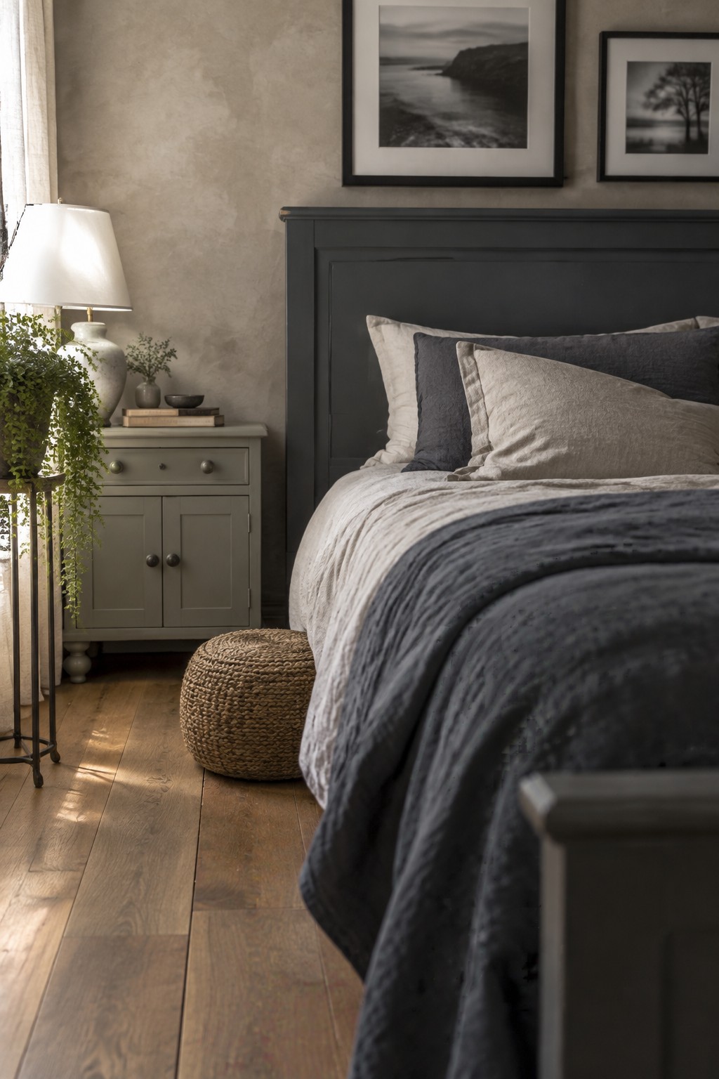 A bedroom with a gray-green chalk-painted nightstand beside a bed with white and dark bedding.