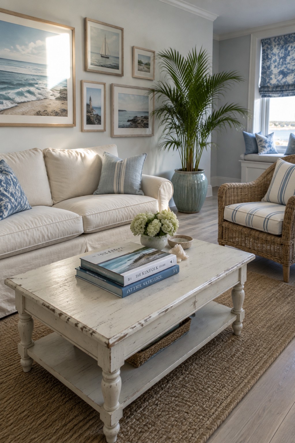 A living room with a white distressed coffee table holding stacked books, placed in front of a white sofa beside a woven armchair.