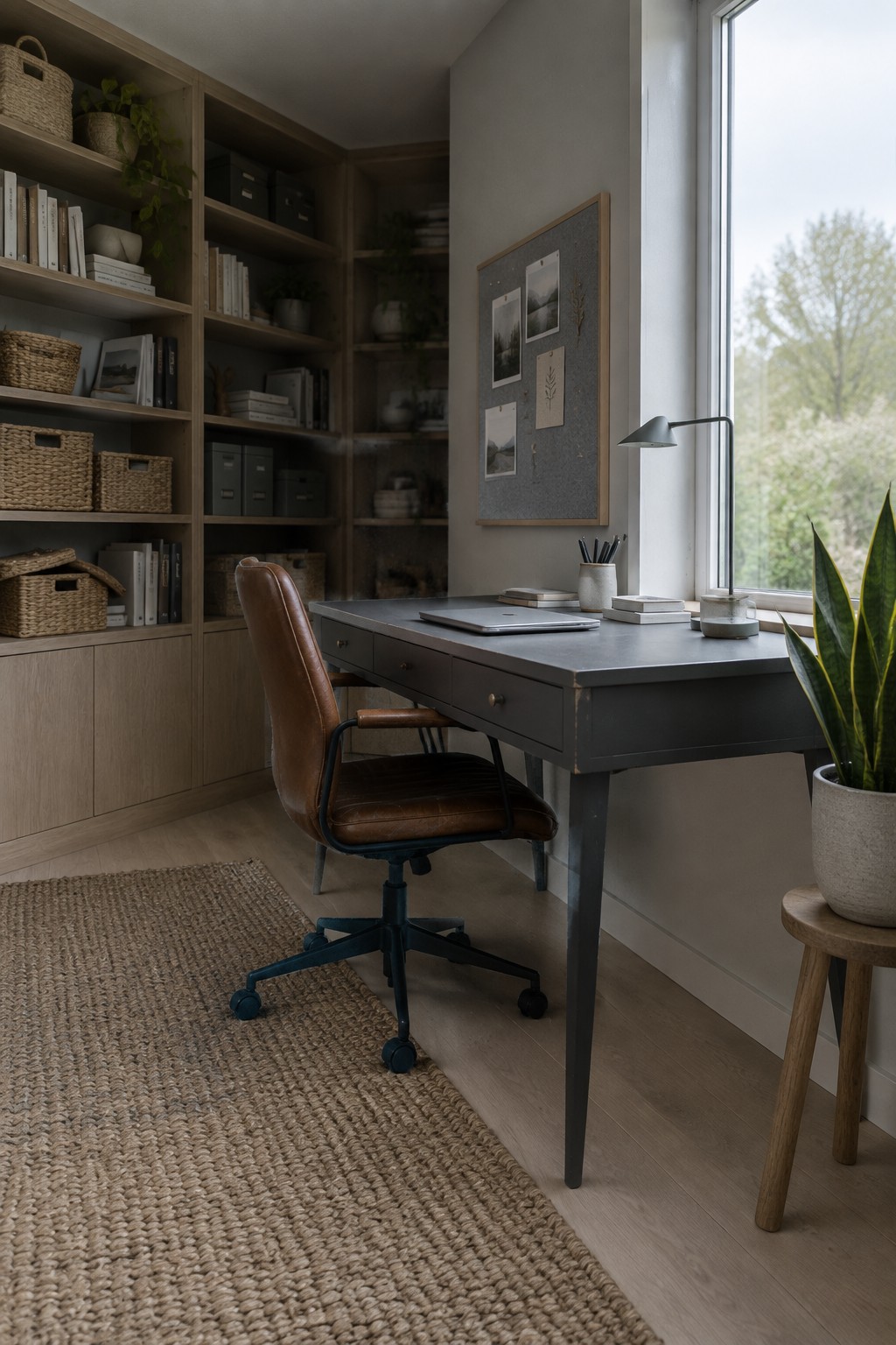 A home office with a dark gray chalk-painted desk, brown leather swivel chair, built-in light wood bookshelves, and a large window on the right.