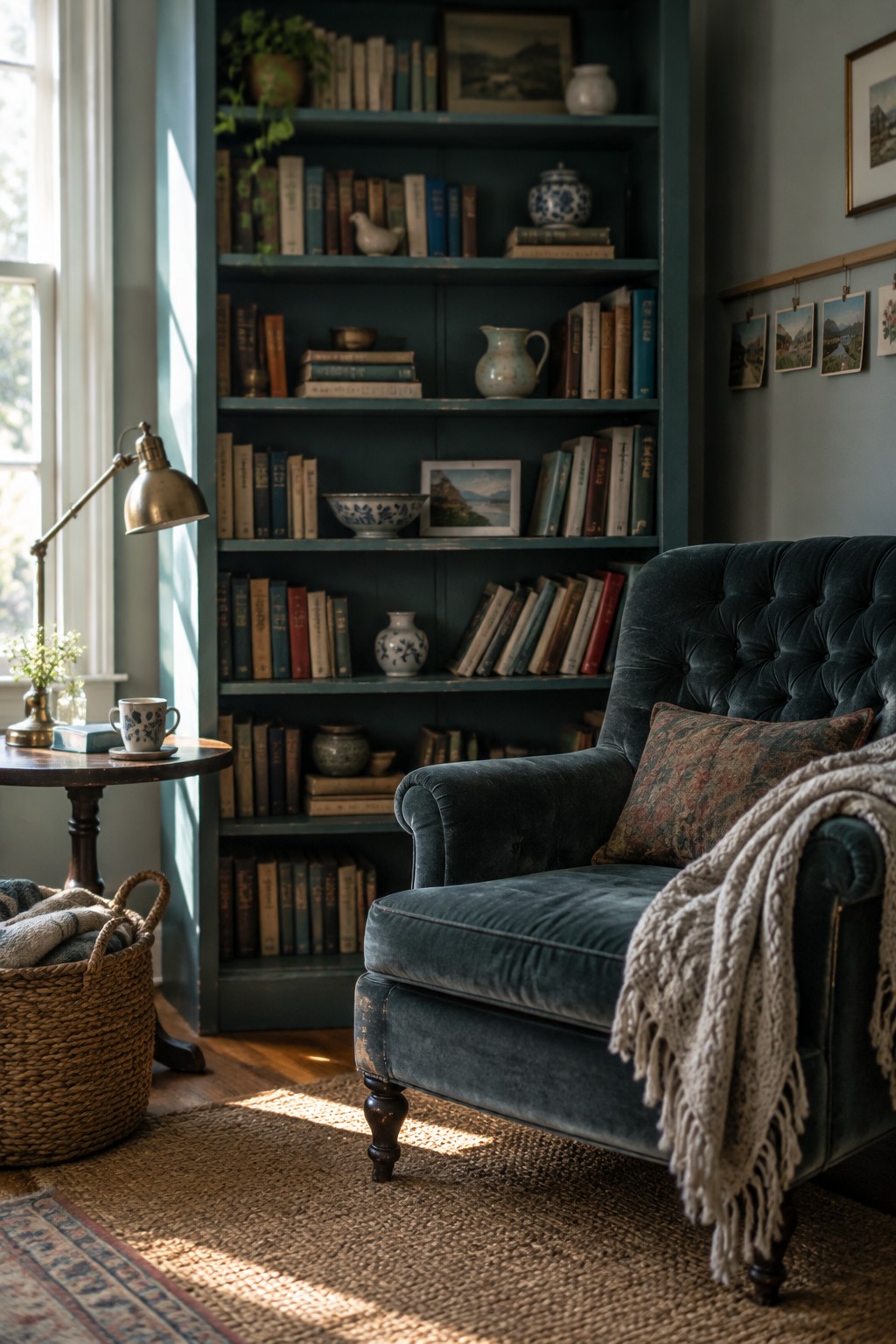 A teal chalk-painted bookcase filled with books stands next to a dark velvet armchair with a patterned pillow and throw blanket in a sunlit room.