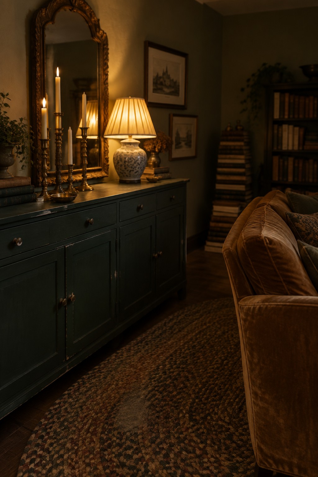 A dark green chalk-painted sideboard with a ceramic lamp and brass candlesticks stands against an olive wall beside a brown velvet sofa.