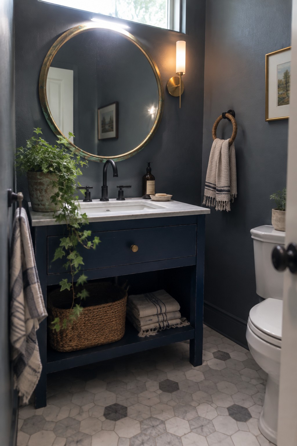 A dark blue painted bathroom vanity with white marble top, black faucet, round gold framed mirror above it, and open shelf storage next to a white toilet on a hexagonal tile floor.