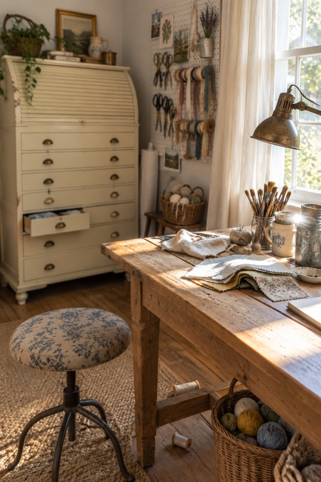 A craft room interior with a white chalk-painted roll-top cabinet, wooden work table, upholstered stool, and pegboard wall with scissors and ribbons.