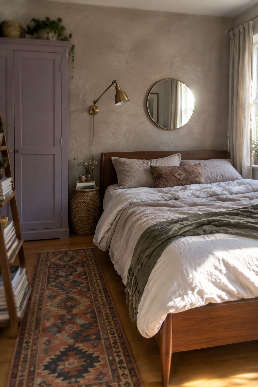 A bedroom with a lavender chalk-painted armoire next to a wooden bed with white linens and a patterned runner rug on the floor.