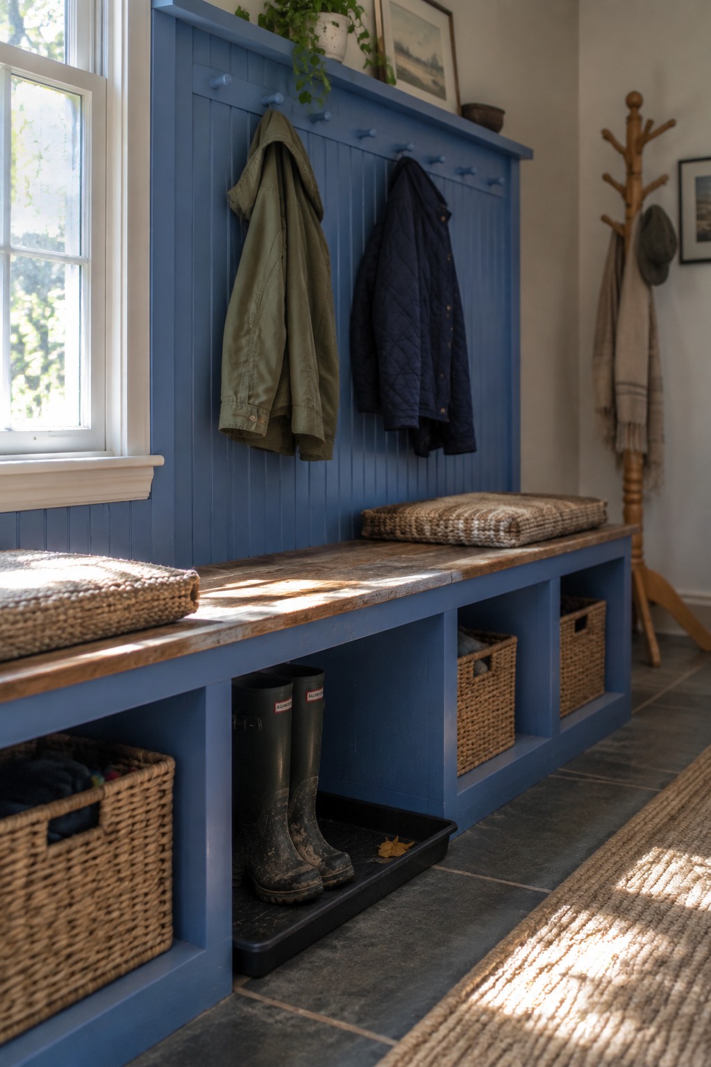 A blue chalk-painted built-in bench with hooks, cubby storage below holding baskets and boots, next to a window in an entryway.