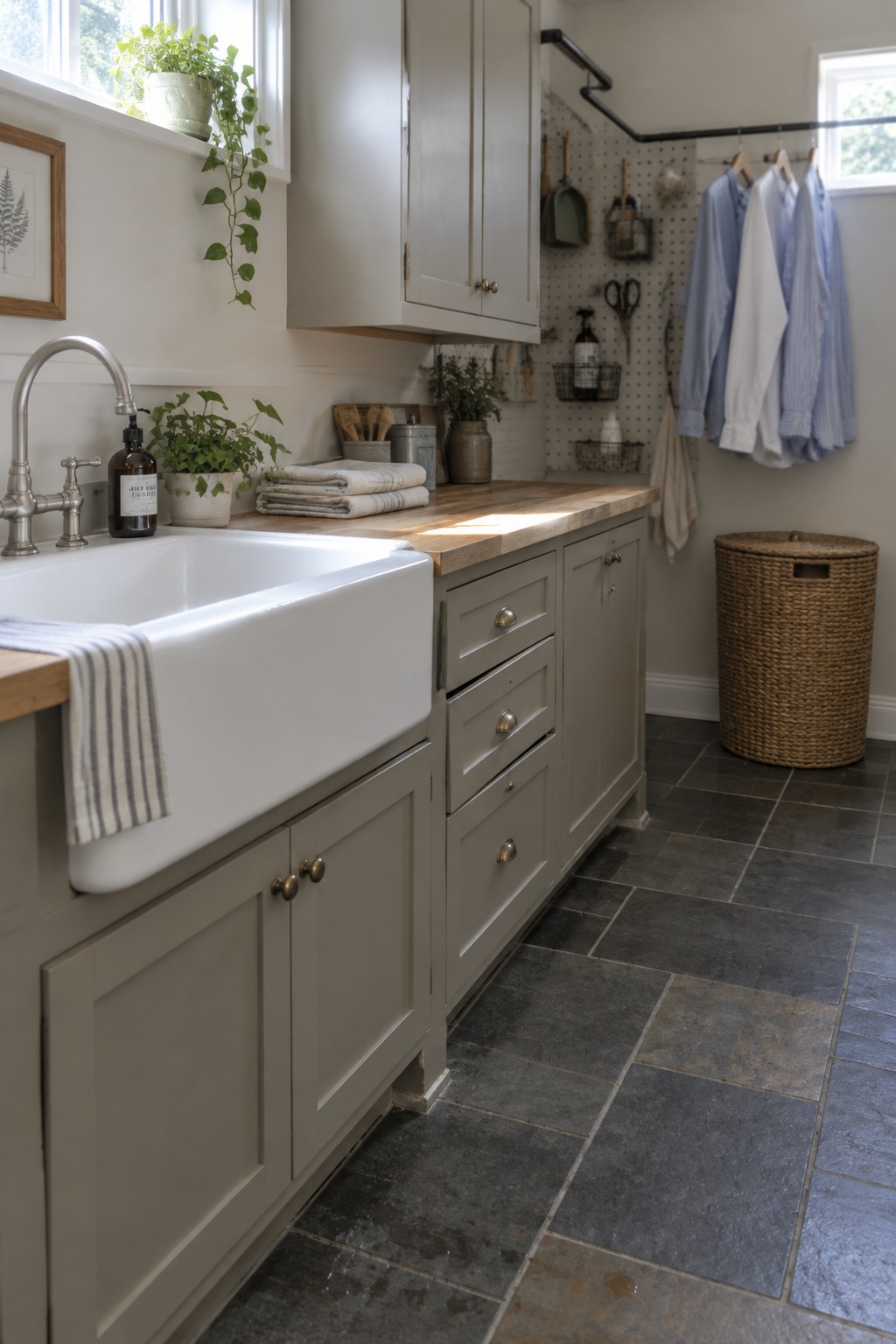 Gray cabinets, white farmhouse sink, wooden counter, pegboard tools, hanging shirts, wicker basket