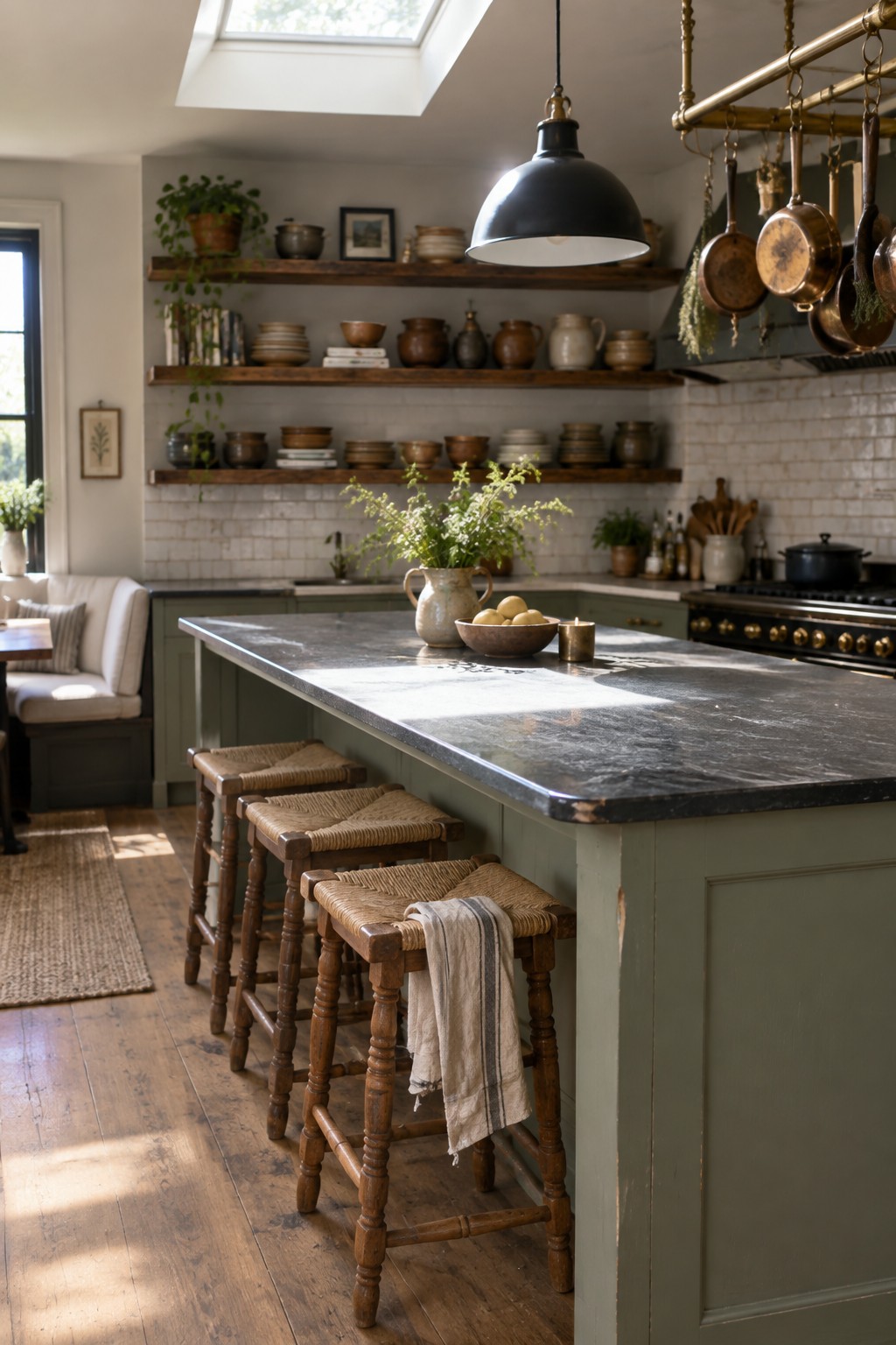 A kitchen with a large green painted island, three wooden stools with woven seats, open wooden shelves, and a white brick backsplash.