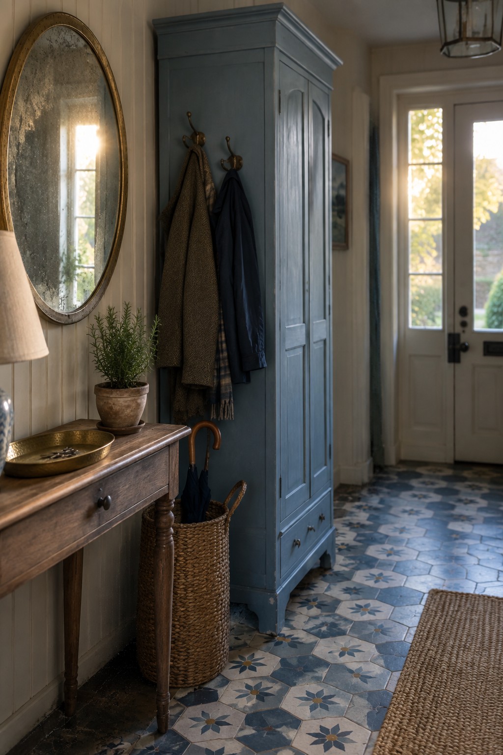 A blue chalk-painted armoire stands in a hallway beside a wooden console table, with coats on hooks, a round mirror on the wall, and patterned tile flooring.