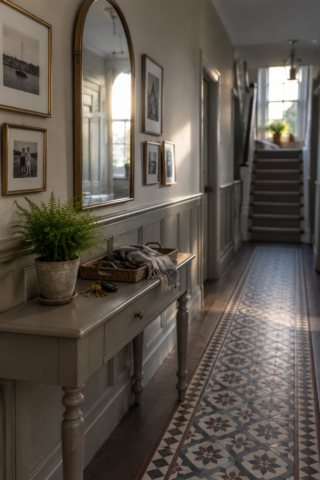 A gray chalk-painted console table with turned legs holds a potted fern, keys, and a woven basket in a hallway with patterned tile flooring and framed art on the wall.