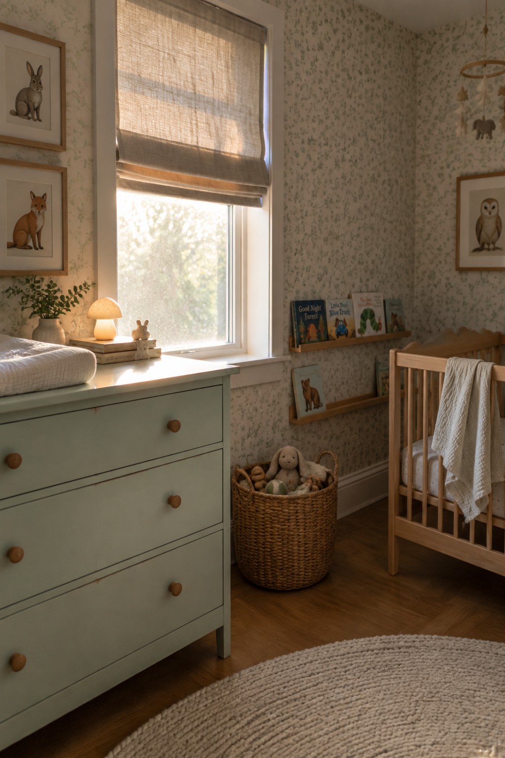A light green chalk-painted dresser with wooden knobs stands under a window in a nursery with floral wallpaper, a woven basket of toys, and a wooden crib to the right.