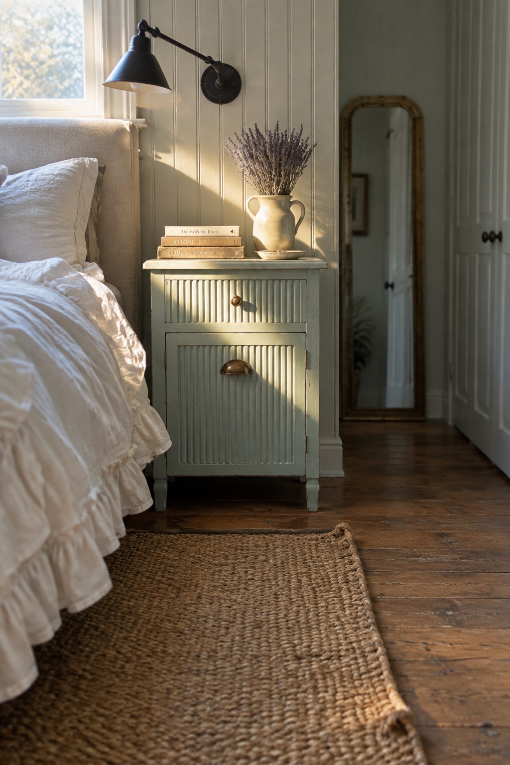 A light green chalk-painted nightstand with a fluted drawer and cabinet door stands beside a bed with white linens, holding stacked books and a vase of dried lavender.